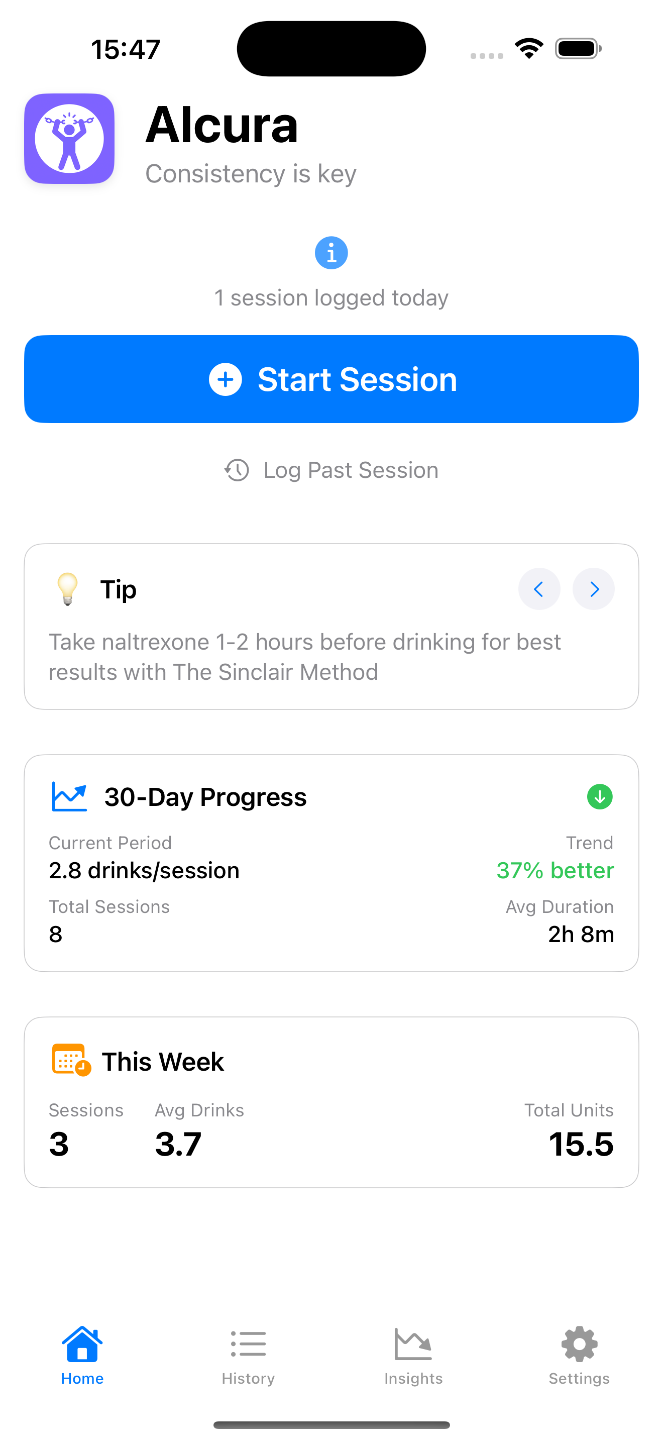 Alcura Dashboard showing alcohol tracking